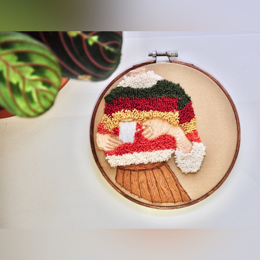 Fall Sweater Girl Tea Cross Stitch Hoop 6x6